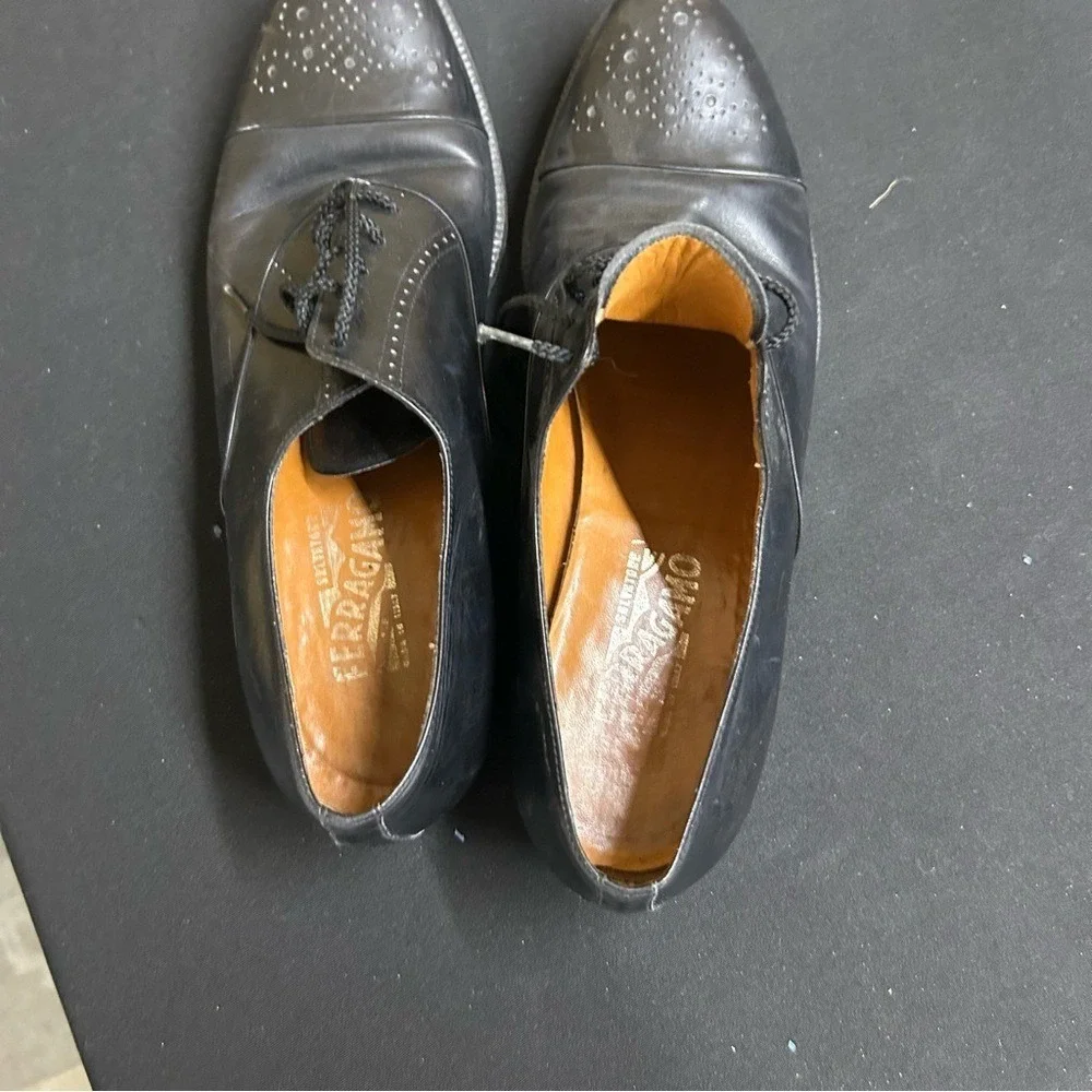 Salvatore Ferragamo Shoes Men 10.5 Black Cap-Toe Oxford Leather Vtg Professional